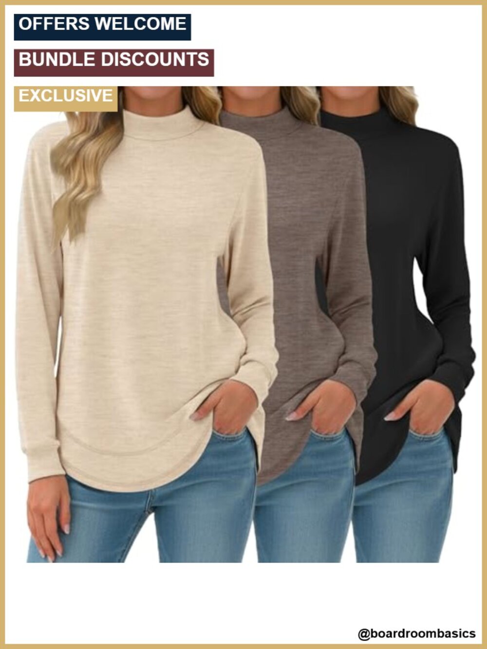 Women's Mock Neck Long Sleeve Sweatshirts 3 Pack Cotton Blend Tunic Tops
